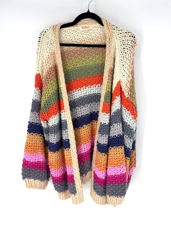 Listicle Sweaters - Listicle crochet, retro whimsy Cream Open-Knit Cardigan with Multicolor Stripes